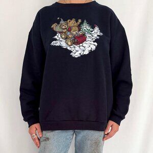 90s vintage teddy bear winter sleigh holiday graphic cotton pullover sweatshirt
